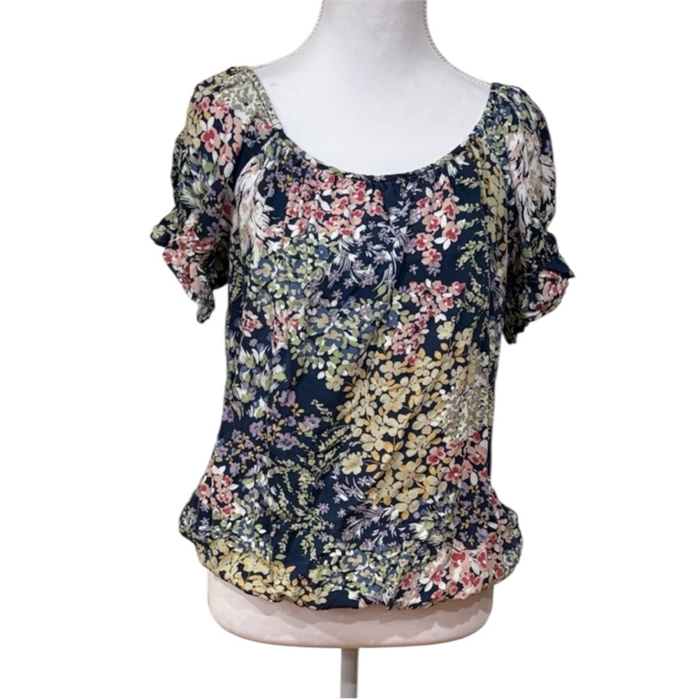 Maurices Navy Floral Blouse With Bubble Hem
